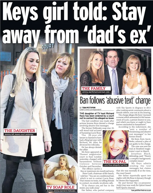  ??  ?? Jemma, left, leaves court yesterday Actress Jemma starred in Hollyoaks Jemma, dad Richard and mum Julia Lucie Rose allegedly had fling