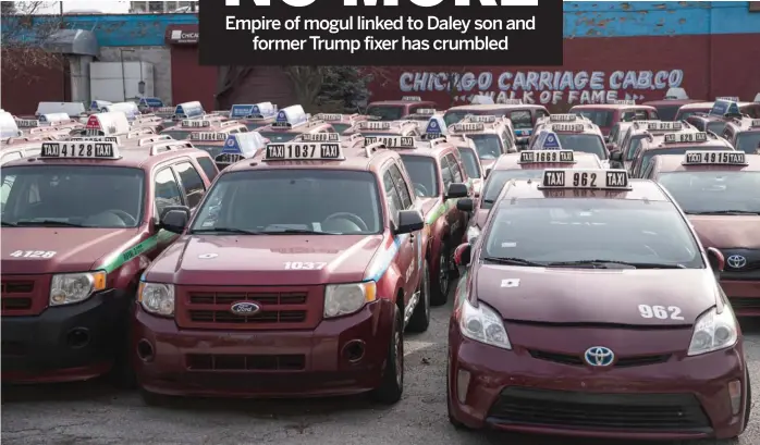  ??  ?? Cabs that were part of Symon Garber’s taxicab empire sit idle at his Chicago Carriage Cab Co. headquarte­rs at 2617 S. Wabash Ave. He has sold the property to a developer, and no one is answering phones there any longer.