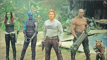  ?? DISNEY-MARVEL VIA AP ?? This image released by Disney-Marvel shows Zoe Saldana, from left, Karen Gillan, Chris Pratt, Dave Bautista and Rocket, voiced by Bradley Cooper, in a scene from, “Guardians Of The Galaxy Vol. 2.”