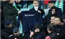  ??  ?? A Bulgaria ultra displays a sweatshirt after an announceme­nt over the Tannoy to cease their racist chanting in the England game. Photograph: Nick Potts/PA