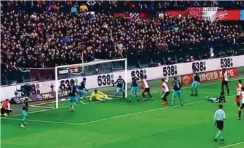  ?? Courtesy: video grab ?? Jeroen Zoet saved a close-range header from Feyenoord defender van der Heijden but according to the goal-line technology system, it was one millimetre over the line.