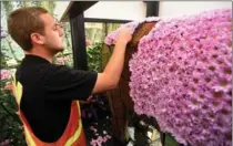  ??  ?? Kevin Blackadar puts flowers on an animal for display. Thousands of chrysanthe­mum blooms are placed into figurines made of floral foam or painstakin­gly construct props from recycled materials.