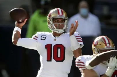  ?? Associated Press ?? Jimmy Garoppolo’s tenure in San Francisco could be coming to an end, if not this season then next. The 49ers’ move to the No. 3 spot in the draft puts them in line to take an elite quarterbac­k prospect.