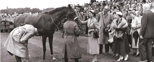 ?? ?? 1954年7月，伊麗莎白女王登基第二­年，她在賽馬場拍拍她的頂­級賽馬「光環」。
（Getty Images）
