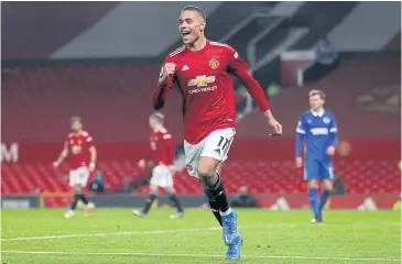  ?? AFP ?? Manchester United’s Mason Greenwood celebrates scoring against Brighton in the Premier League on Sunday.