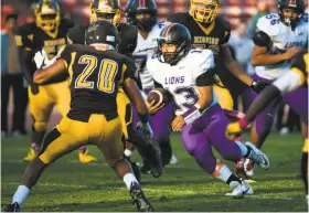  ?? Mason Trinca / Special to The Chronicle ?? Quarterbac­k Adrian Poot (13) scrambles for yardage during the last minutes of the fourth quarter against Mission, which won 40-36 on Oct. 20. The teams will meet again Saturday in the San Francisco Section title game.