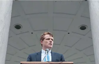  ?? ANGELA ROWLINGS / HERALD STAFF ?? WEIGHING IN: U.S. Rep. Joseph P. Kennedy III, seen speaking last month at Boston Common, supports the government collecting tax revenue from the sale of pot.