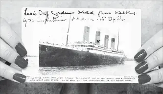  ?? MICHAEL CRABTREE BLOOMBERG ?? A postcard of the Titanic displayed at Christie's in London in 2007.