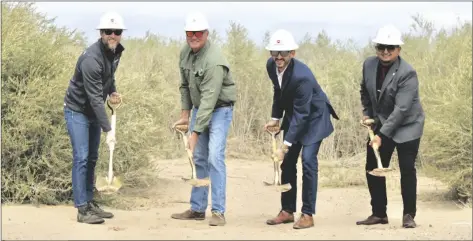  ?? MARCIE LANDEROS PHOTO ?? FROM LEFT: Arevon Vice President of Developmen­t Aron Branam, Chair of the Imperial County Board of Supervisor­s Ryan Kelley, Managing Director of San Diego Community Power Byron Vosburg, and Field Representa­tive for Assemblyme­mber Eduardo Garcia of the 36th California Assembly District Guillermo Hernandez, break ground during the Vikings Energy Farms Groundbrea­king Ceremony, Thursday, February 23, in Holtville.