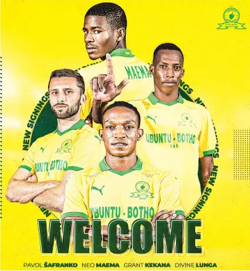  ??  ?? YELLOW NATION. . . Zimbabwe internatio­nal defender, Divine Lunga, raises the Mamelodi Sundowns sign, after completing his move to the South African champions, on the same day as Pavol Safranko, Neo Maema and Grant Kekana