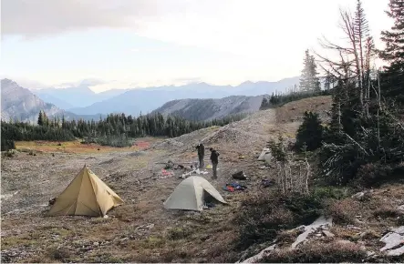  ??  ?? Base camp at Three Sisters Pass along Heiko’s Trail near Fernie.