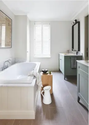  ??  ?? MASTER EN SUITE
His and hers vanity units bring symmetry and subtle colour to the neutral scheme.
Vanity unit, Turner Pocock; painted in Smoke Green, Farrow & Ball. Bath, Bette. Jan Kurtz side table, SCP. Walls and woodwork in Shaded White, Farrow & Ball. Permawood shutters, Plantation Shutters
MASTER BEDROOM A glazed partition separates this space from the adjoining dressing area.
Joinery and cabinetry,
Turner Pocock; painted in Shaded White, Farrow & Ball. Antique-style chest
of drawers and throw, both bespoke by Turner Pocock. Floor lamp,
Visual Comfort