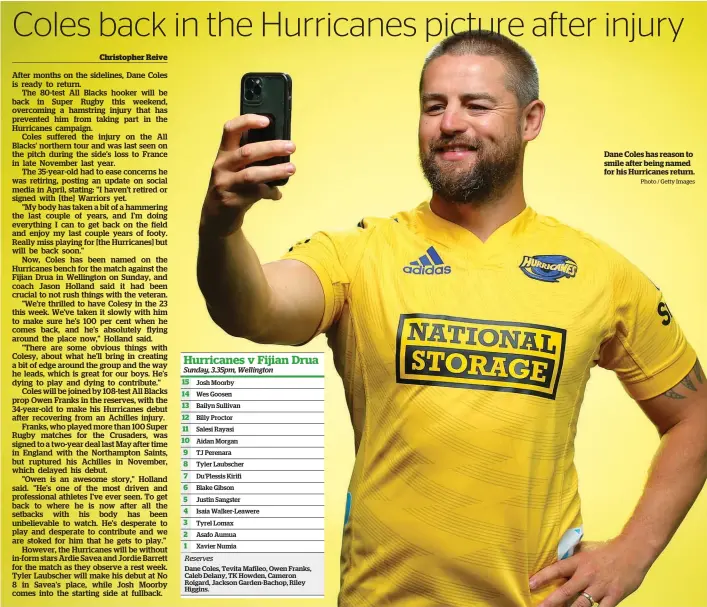  ?? Photo / Getty Images ?? Dane Coles has reason to smile after being named for his Hurricanes return.