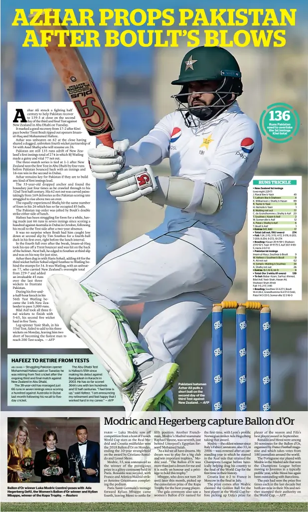  ?? AFP ?? Pakistani batsman Azhar Ali pulls a short ball on the second day of the third Test against New Zealand . —