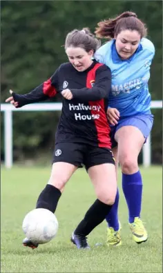  ??  ?? Sara Byrne of North End United puts pressure on Rebecca Foley of All Blacks during their Division 1 match on Sunday.