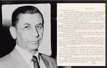  ?? RR Auction ?? A one-page handwritte­n letter signed “Love, Dad,”dated Dec. 31, 1970, from mobster Meyer Lansky to his daughter Sandra and her husband Vince Lombardo, is being auctioned by Boston-based RR Auction through Jan. 8, 2020.