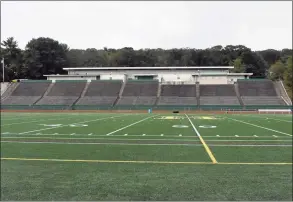  ?? Pete Paguaga / Hearst Connecticu­t Media ?? Joe F. Bruno Field at Hamden is empty during the afternoon on Thursday. Across the state high schools are trying to determine whether or not fans will be allowed in attendance at sporting events this fall season