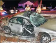  ?? TOM KELLY III — DIGITAL FIRST MEDIA ?? A crash March 9 left two people injured after their vehicle crashed into a utility pole at a high rate of speed.