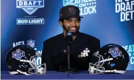  ?? Photograph: Rena Laverty/UPI/REX/Shuttersto­ck ?? Caleb Williams speaks to the press after he was drafted with the No 1 overall pick at the 2024 NFL draft in Detroit.