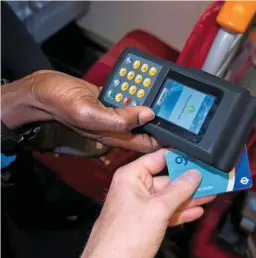  ?? ALAMY. ?? An inspector uses a reader to check an Oystercard ticket on a South West Trains service to Waterloo in 2015. Does this arrangment spell the end for paper tickets?