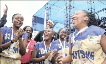  ??  ?? ONE FOR THE TEAM: The Kitsong High School girls team celebrate their Royal Bafokeng Junior League finals win.