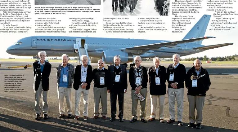  ?? MICHAEL BRADLEY/STUFF ?? New Zealand veterans at Whenuapai Air Base in Auckland prepare to depart to France for the 70th Anniversar­y of D-Day Commemorat­ions in Normandy in 2014. Kemp is fourth from the right.