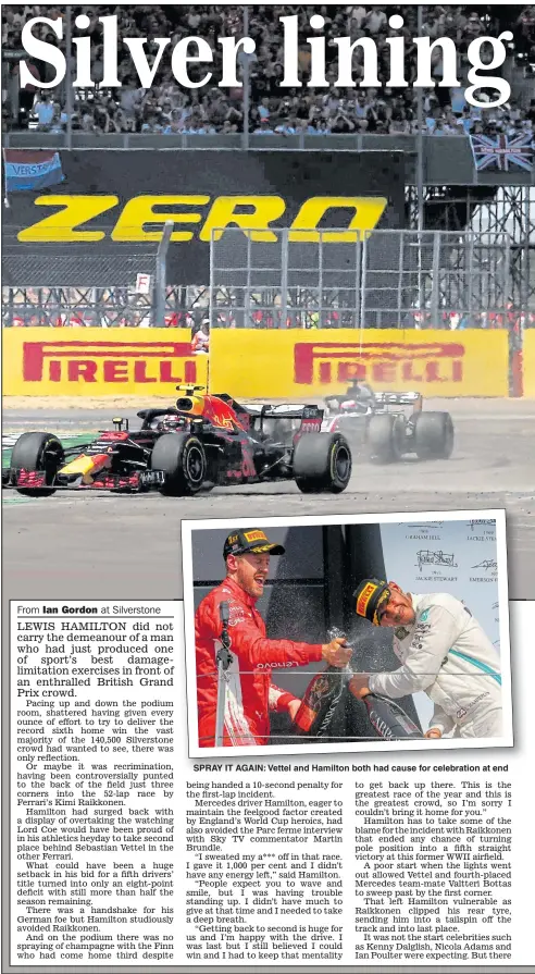  ??  ?? SPRAY IT AGAIN: Vettel and Hamilton both had cause for celebratio­n at end