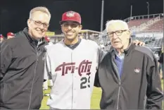  ?? Chris Chenes / tri-city Valleycats Baseball ?? Valleycats president rick murphy, left, said friday that he remembers the sly sense of humor of Bill Gladstone, right. former Valleycats manager Jason Bell, center, recalled how much joy the team’s 2018 championsh­ip brought Gladstone.