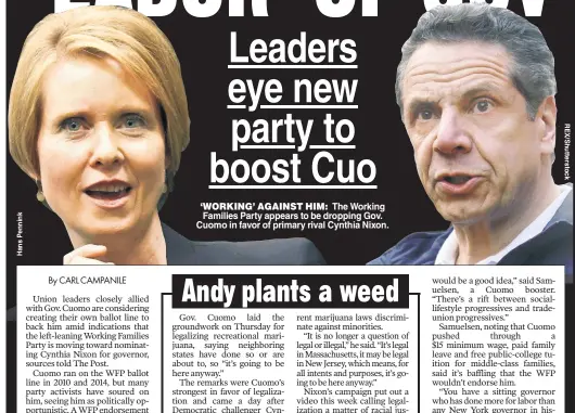  ??  ?? ‘WORKING’ AGAINST HIM: The Working Families Party appears to be dropping Gov. Cuomo in favor of primary rival Cynthia Nixon.