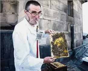  ?? — AP ?? The bee whisperer: Marth showing a honeycomb produced in a honey bee hive at the roof of the Berlin Cathedral.