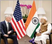  ?? IANS ?? US Defense Secretary James Mattis meets Prime Minister Narendra Modi in Singapore on 2 June 2018.