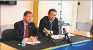  ?? Mary O'Leary / Hearst Connecticu­t Media ?? Sens. Richard Blumenthal and Chris Murphy, D-Conn., discussing funding with state health center leaders.