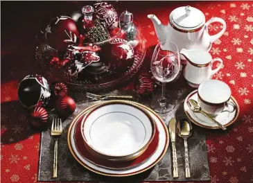  ??  ?? Amaze your dinner guests with Noritake’s Cecile Gold 47pcs Dinner and Tea Set, compliment­ing the classy ensemble with Felli’s Gold Cutlery.