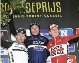  ??  ?? Cavendish with Kittel and Greipel, his two closest contempora­ry sprinting rivals, at Scheldepri­js in 2016