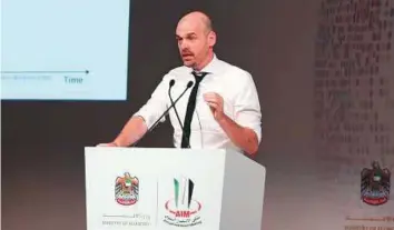  ?? Courtesy: AIM ?? Henrik von Scheel addresses delegates at the Annual Investment Meeting in Dubai yesterday. Von Scheel is often addressed as the ‘father of the Fourth Industrial Revolution’.