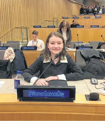  ?? CONTRIBUTE­D ?? Abby Coleman of New Glasgow had the opportunit­y to speak at the Fourth Commemorat­ion of the Internatio­nal Day of Women and Girls in Science at the UN.