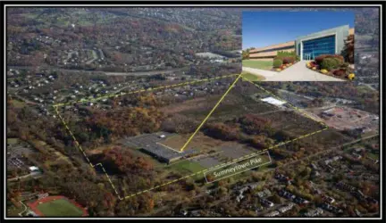  ?? SUBMITTED PHOTO ?? With the purchase of a 154-acre adjacent property, Gwynedd Mercy University has nearly doubled the size of its campus. This is an aerial view of the property that has been acquired by the university —outlined by the dotted yellow line. The smaller box details the entrance to the 157,000 square foot building that was part of the acquisitio­n.