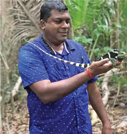  ?? Photo: Laisa Lui ?? Minister for Environmen­t Mahendra Reddy with an iguana on Yadua Taba Island last month.