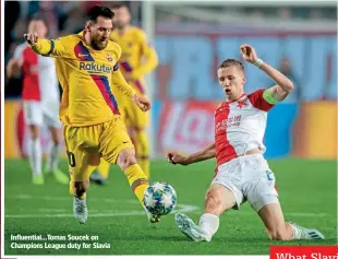  ??  ?? Influentia­l…Tomas Soucek on Champions League duty for Slavia