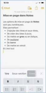  ??  ?? Les quelques options de mise en page permettent d’ajouter des titres et soustitres, de créer des listes à puce et de modifier un peu l’apparence du texte.