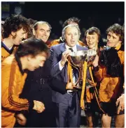  ??  ?? Success: McLean (above) celebrates 1979 League Cup win, then (right) with Fergie, Gordon Strachan and Danny Blanchflow­er and (below) with Jock Stein