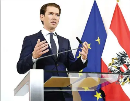  ??  ?? Austrian Chancellor Sebastian Kurz delivers a statement on the swearing-in of the government’s new ministers in Vienna on May 22.