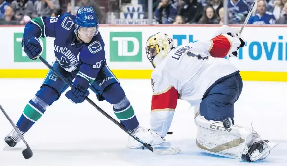  ?? DARRYL DYCK/THE CANADIAN PRESS ?? Bo Horvat puts a shot wide of the net behind Panthers goalie Roberto Luongo in Vancouver on Sunday. The Canucks won 5-1.
