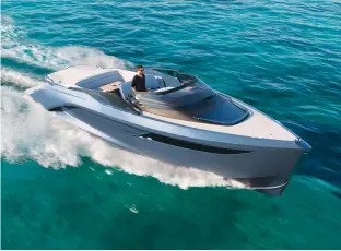  ??  ?? The new R35 from Princess Yachts has two retractabl­e T-shaped foils installed in the hull to create lift or downforce as needed.