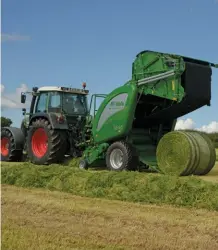  ?? Photos: McHale ?? ABOVE LEFT: The McHale twin-rotor rake.ABOVE RIGHT: The McHale V660 baling silage.BELOW LEFT:The McHale Orbital wrapping bales from an F5600 Plus baler.