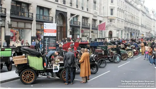  ??  ?? The Regent Street Motor Show sees one of the busiest streets in Britain commandeer­ed by a swarm of old cars