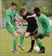  ??  ?? Conor Signorelli of Wexford F.C. Under-17s is flanked by Kerry duo John Hayes and Kevin Williams.