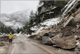  ?? ?? A rockface crumbles onto the roadway of Highway 70in Plumas County as seen Wednesday.