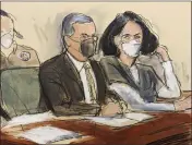  ?? ELIZABETH WILLIAMS — THE ASSOCIATED PRESS ?? In this courtroom sketch, Ghislaine Maxwell, right, is seated beside her attorney, Christian Everdell, as they watch the prosecutor speak during her sentencing Tuesday in New York.