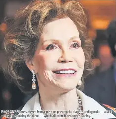  ??  ?? Mary Tyler Moore suffered from aspiration pneumonia, diabetes and hypoxia — a lack of oxygen reaching the tissue — which all contribute­d to her passing.
